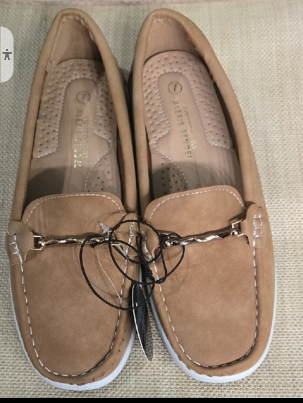 Women's Tan Suede-Look Slip-On Loafers with Gold Chain Accent
